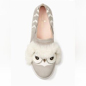 KATE SPADE fuzzy owl sneakers loafers suede gray white novelty 3D sz 8 NEW